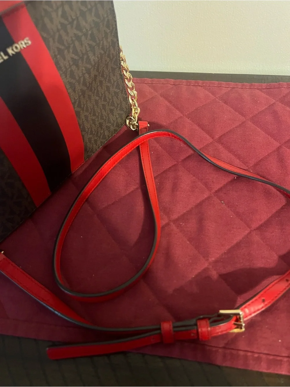 Michael Kors Brown Signature Crossbody with Red and Black Stripe